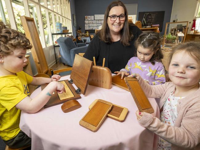 Kids from Pope St kinder in Blackburn were involved in the research of Babies and screens. Kids Harry , Alex and Claudia aged 4 and director Leanne were all involved.Picture by Wayne Taylor 8th November 2024