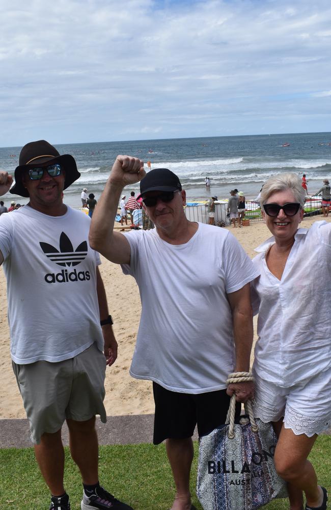 Tony Sunderland, Brett Robinson and Nicola Sunderland at day two of the Senior and Masters division of the 2023 Queensland Surf Life Saving Championships at Mooloolaba. Photo: Elizabeth Neil