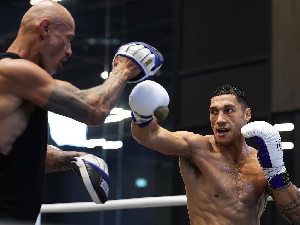 Jai Opetaia and his dad, Tapu, training in Saudi Arabia this week. Picture: Richard Pelham/Getty Images