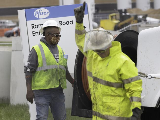 Workers on the construction site at the Pfizer factory expansion in Portage, Michigan, United States. Picture: Angus Mordant