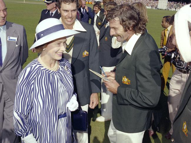 Queen Elizabeth II is introduced to Australian bowler Dennis Lillee.