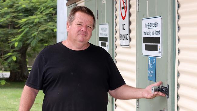 Homeless man Chris, 60, at one of the locked showers at the Oliver Sports Complex in Eagelby. Picture: Liam Kidston