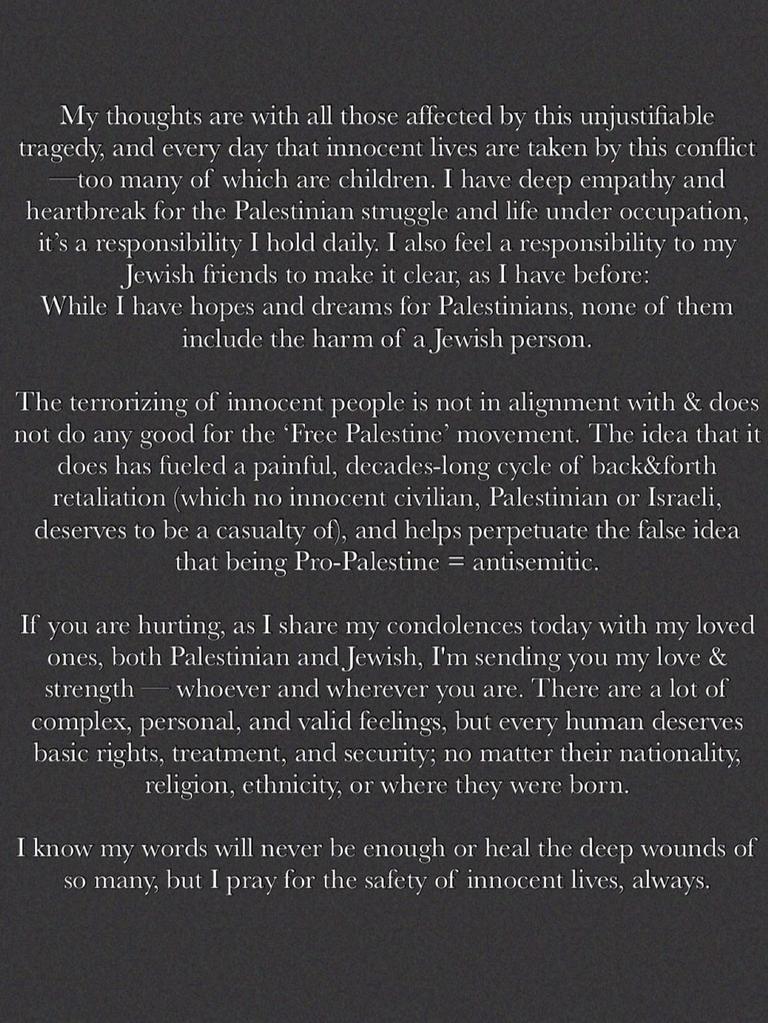 Hadid's lengthy statement on the conflict in Israel.