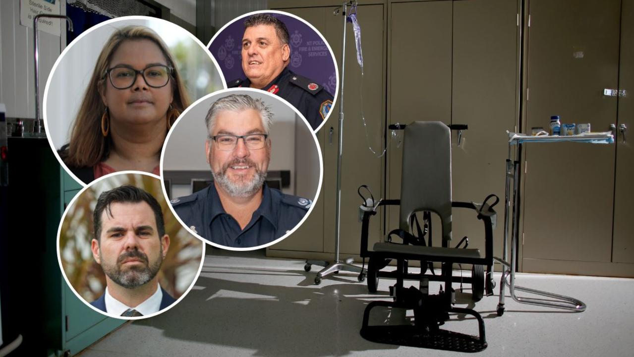 Acting Children's Commissioner Nicole Hucks, left, Assistant Police Commissioner Bruce Porter, with NT Attorney-General Chansey Paech and Northern Territory Police Association President Nathan Finn speak about bans on using spit hoods and restraint chairs on children.