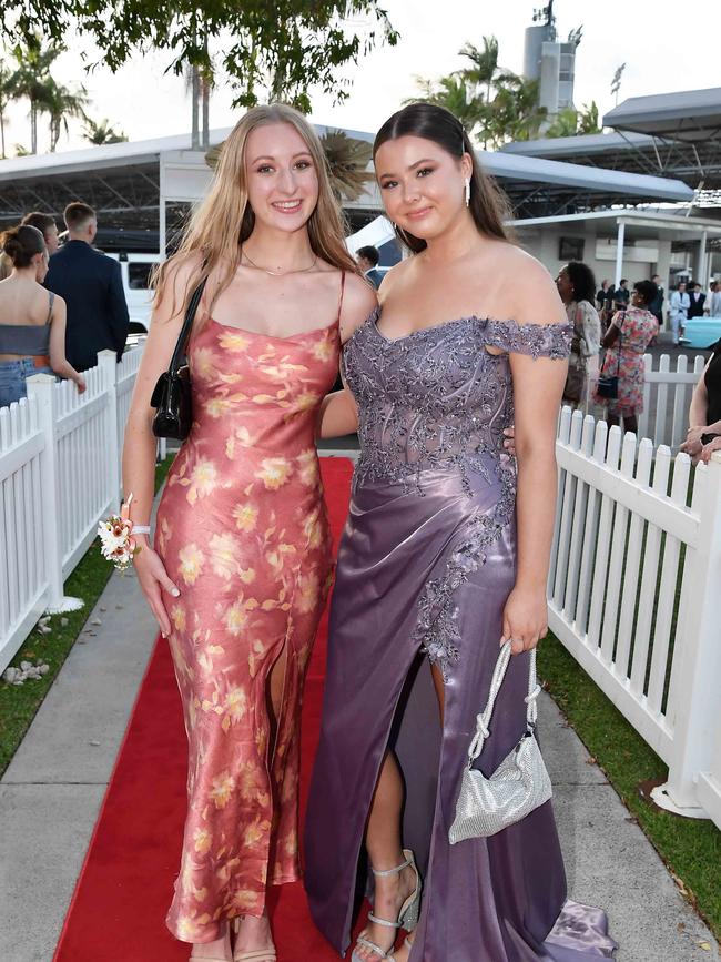 Camille Flaherty and Leala Stadach at the 2023 Caloundra State High School Year 12 formal. Picture: Patrick Woods.