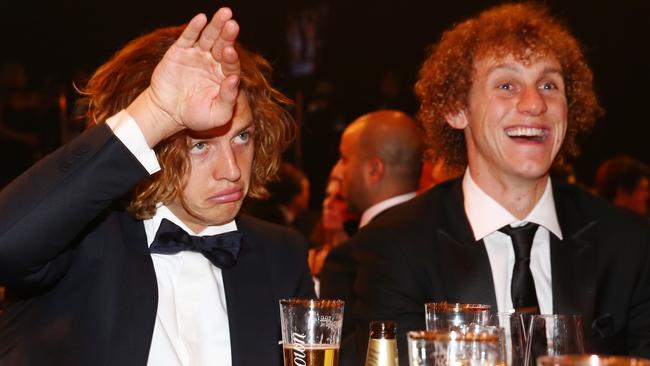 Nat Fyfe enjoys a joke with Fremantle teammate Chris Mayne. Picture: Colleen Petch