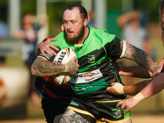 Raiders Brad Hansen scored a try in the win over Darwin Brothers. Picture: Glenn Campbell