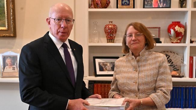 The Commissioner for the Royal Commission into the Robodebt Scheme Catherine Holmes delivers her report to the Governor General David Hurley at Government House in Canberra. Picture: AAP