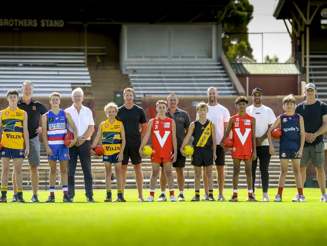 SANFL under 14 development squad. L-R: Max Leys, Brian Leys (Eagles), Lucas Skinner, grandfather Lyle Skinner (Central District), Jimmy Burton, Brett Burton (Eagles), Bodhi Ebert, Daniel Ebert (North Adelaide), Harry Thompson, Scott Thompson (Glenelg), Michael Clinch Jnr, Michael Clinch Snr (North Adelaide), Loki Bown, Stuart Bown (Norwood). Picture: Supplied