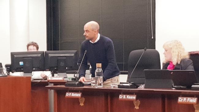 Former Tea Tree Gully councillor Paul Barbaro at a meeting where he was repeatedly told to sit down by Mayor Kevin Knight. Picture: Colin James