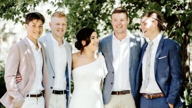 Charlie, left, was the youngest of his close-knit family. Pictured here at sister Sophie’s wedding with brothers Josh, Dylan and Tom. Picture: Supplied