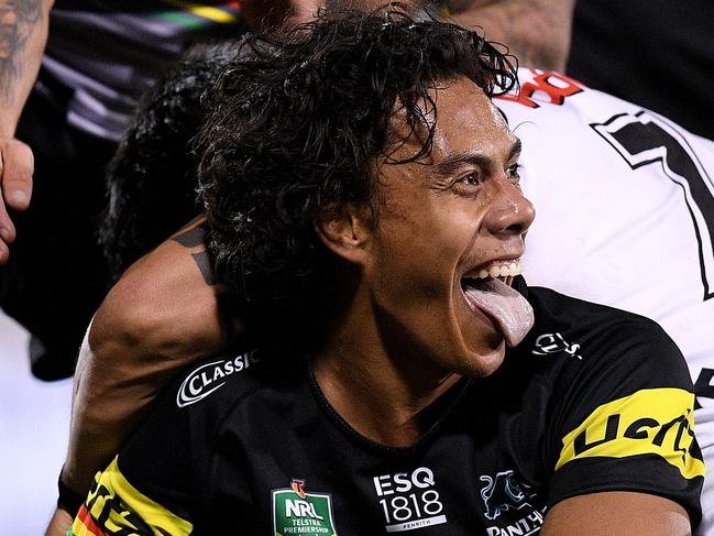 Jarome Luai of the Panthers celebrates after scoring a try during the Round 17 NRL match between the Penrith Panthers and the Warriors at Panthers Stadium in Sydney, Friday, July 6, 2018. (AAP Image/Dan Himbrechts) NO ARCHIVING, EDITORIAL USE ONLY