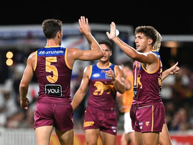 IPSWICH, AUSTRALIA - FEBRUARY 27: Zac Bailey of the Lions celebrates kicking a goal during the 2025 AAMI AFL Community Series match between Brisbane Lions and Adelaide Crows at Brighton Homes Arena on February 27, 2025 in Ipswich, Australia. (Photo by Bradley Kanaris/Getty Images)