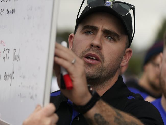 Outer East league Premier Division football: Berwick Springs v Gembrook Cockatoo. Berwick coach addressing players. Picture: Valeriu CampanXXXX The names of players are not  possible to get as the PlayHQ website is not working at the time of filing the pix XXXX