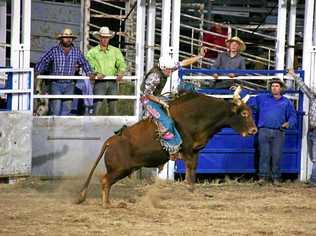 BUCKING BULL: Charleville's Tyson Burke in the Novice Bull event at last year's Injune Rodeo. Picture: Alexia Austin