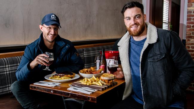 Mates Nick Favaro and Kyle Nash at the Gilbert Hotel in Adelaide. Picture: Morgan Sette