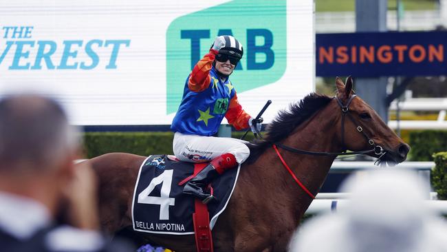 Craig Williams rides Bella Nipotina to win the TAB Everest as punters go wild on the finishing line. Picture: Sam Ruttyn