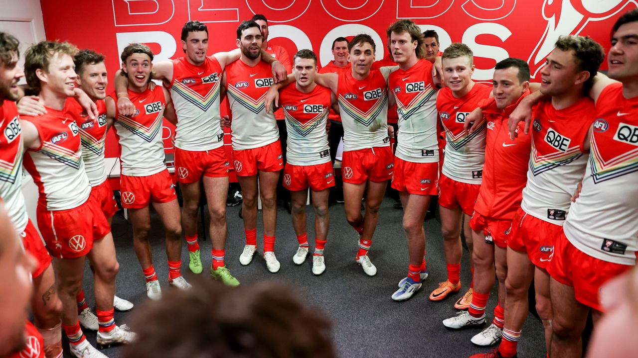 Swans players sing the team song as the consolidate their place in the top eight. Picture: Brendon Thorne/AFL Photos/via Getty Images