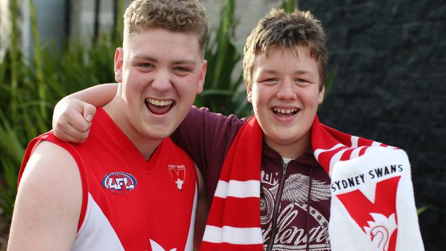 Swans fans Riley Campbell and Benjamin Capovilla are excited for the big game. Picture: Craig Greenhill