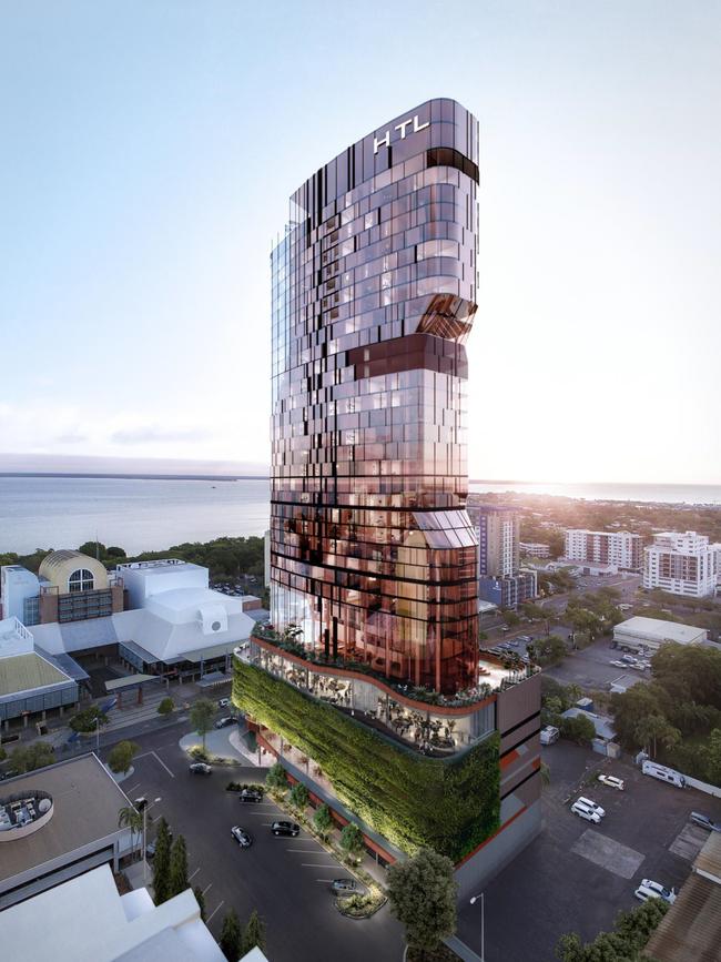 An artist's impression of the 38 storey luxury accommodation that is planned to be built in Darwin's CBD. Picture: Architecton