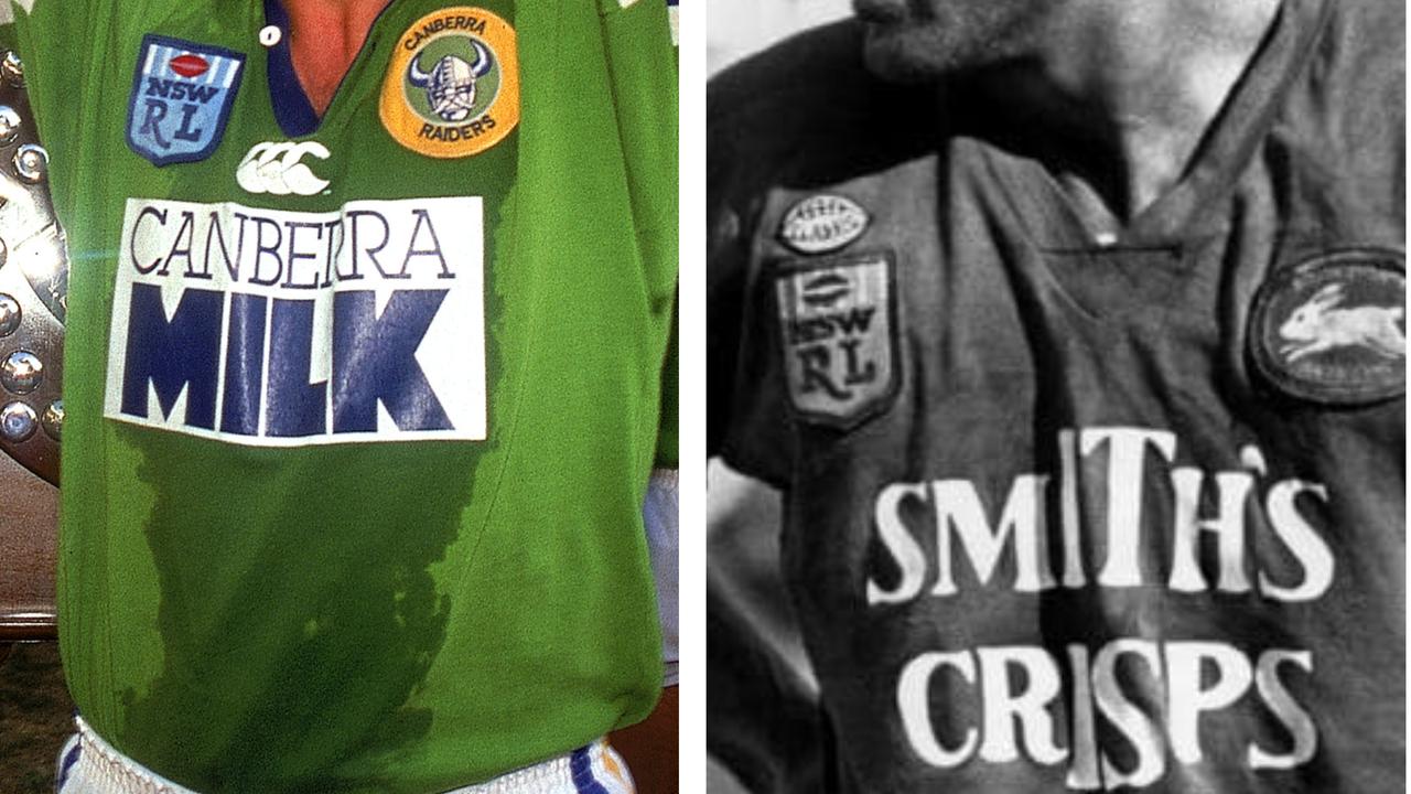 The Canberra Milk and Smith's Crisps jerseys — rugby league icons.