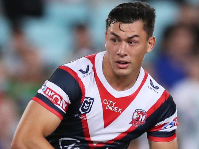 SYDNEY, AUSTRALIA - MARCH 25:  Joseph Manu of the Roosters runs with the ball during the round three NRL match between the South Sydney Rabbitohs and the Sydney Roosters at Accor Stadium, on March 25, 2022, in Sydney, Australia. (Photo by Matt King/Getty Images)