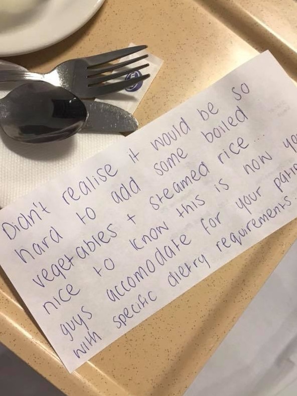 A letter of disgust over patient meals at the Royal Adelaide Hospital. Picture: Supplied.