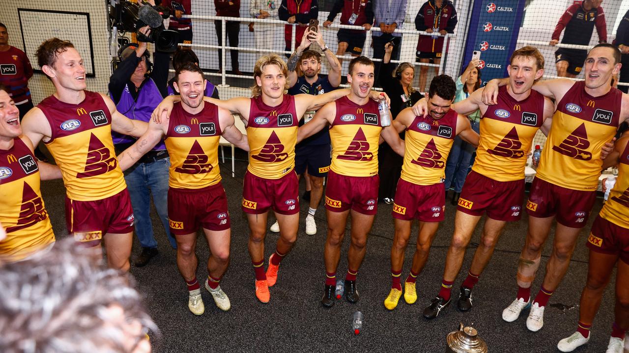 Brisbane Lions players in full voice. Picture: Russell Freeman/AFL Photos via Getty Images)