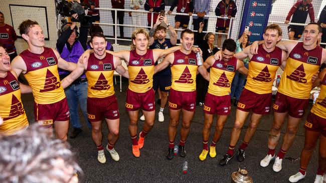 Brisbane Lions players in full voice. Picture: Russell Freeman/AFL Photos via Getty Images)