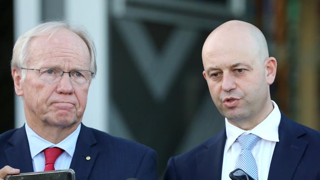 Peter Beattie (ARL Chairman) and Todd Greenberg (NRL CEO) talk at a press conference in regards to the De Belin Judgement at Rugby League HQ, Moore Park, Sydney, 17th May 2019. Picture by Damian Shaw