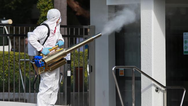 Deep cleaning at Sydney’s Cruising Yacht Club of Australia at Darling Point on Tuesday. Picture: Justin Lloyd