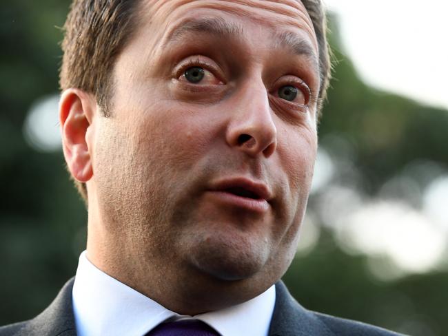 Victorian Opposition Leader Matthew Guy speaks to waiting media outside Parliament House in Melbourne, Tuesday, August 8, 2017. Mr. Guy attended a secret dinner earlier this year with the alleged head of Melbourne's mafia at a lobster restaurant in Melbourne's south-east. (AAP Image/Joe Castro) NO ARCHIVING