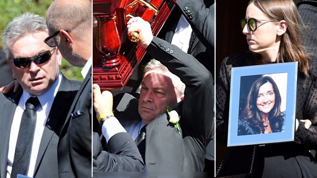 Karen Ristevski’s husband, Borce, (left and centre) was comforted as he left the funeral service carrying his wife’s coffin. Mrs Ristevski’s daughter, Sarah, led the funeral procession carring a photo of her mother. Pictures: Nicole Garmston