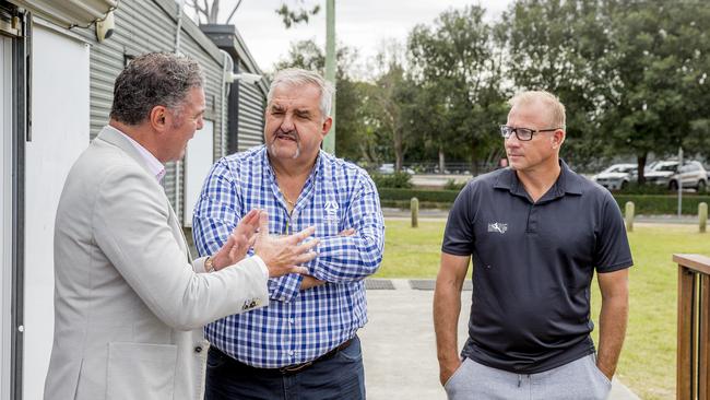 LNP Member for Surfers Paradise John-Paul Langbroek talking with Football Gold Coast General Manger Damien Bresic and Gold Coast Magic United President Adem Poric about the crushing impacts of Coronavirus on sports clubs and the Palaszczuk Labor GovernmentÃ&#149;s confusing messages on restrictions at weekend sport. Picture: Jerad Williams