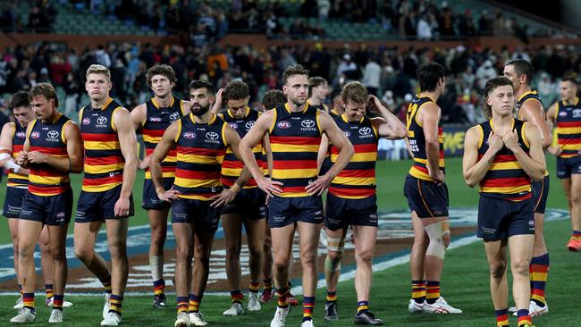 The Crows after their loss to Collingwood. Picture: Getty Images