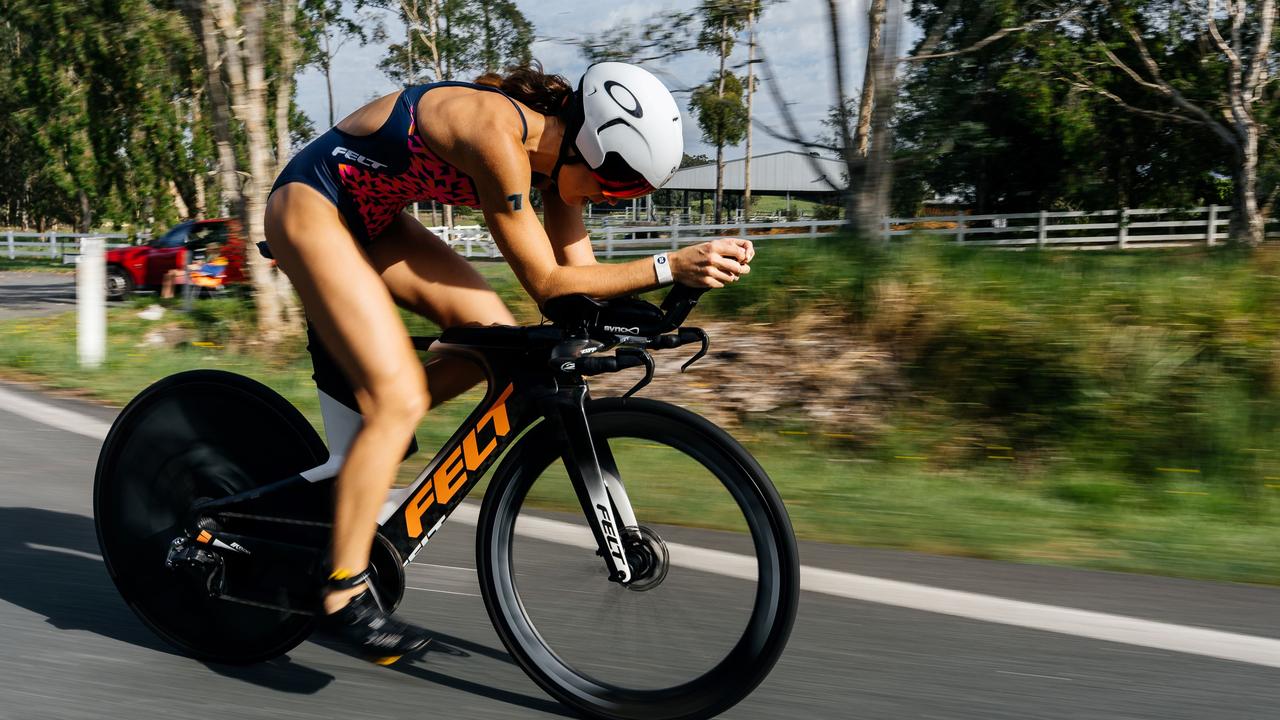 Ash Gentle on her way to victory in the Noosa Triathlon. Picture: Alex Polizzi