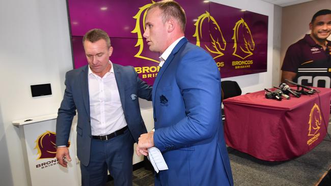 Broncos CEO Paul White with Matt Lodge at the announcement. (AAP Image/Darren England)