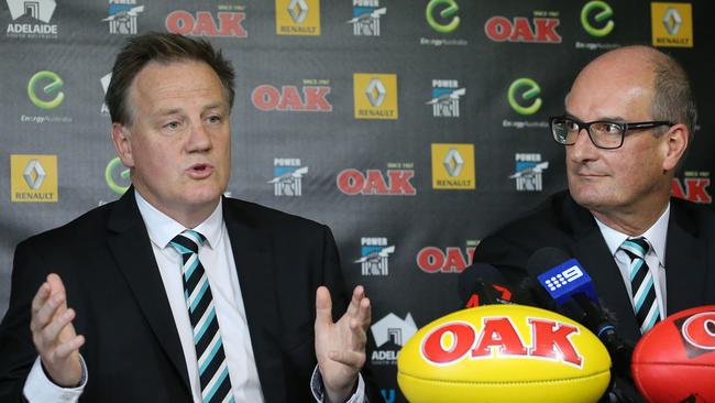 Port Adelaide chief executive Keith Thomas with chairman David Koch at Alberton Oval. The two have helped guide the Power back from the brink of disaster. Picture: Dylan Coker