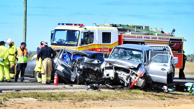 Emergency services attend a 3 person fatal crash involving four vehicles south of Townsville. Picture: Alix Sweeney