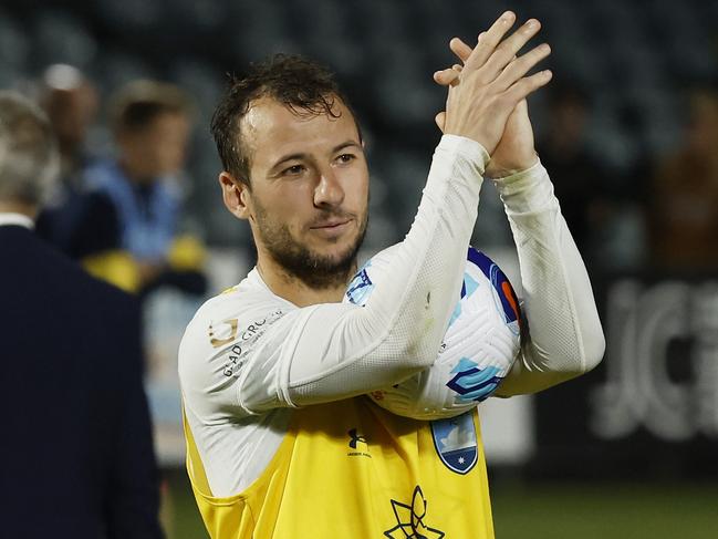 Sydney FC’s Adam Le Fondre thanks Sky Blues fans after his weekend hat-trick. Picture: Mark Evans/Getty Images