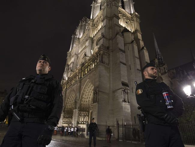 French gendarmes are pictured in front of the Notre-Dame cathedral in Paris. Picture: AFP