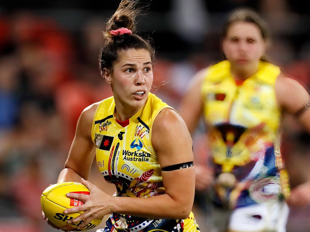 GOLD COAST, AUSTRALIA - NOVEMBER 18: Najwa Allen of the Crows in action during the 2022 S7 AFLW First Preliminary Final match between the Brisbane Lions and the Adelaide Crows at Metricon Stadium on November 18, 2022 in the Gold Coast, Australia. (Photo by Dylan Burns/AFL Photos via Getty Images)