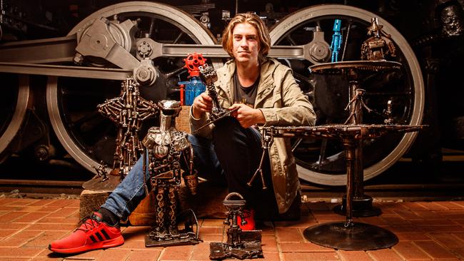 Nathan Modra with some of his SALA Festival art work at the National Railway Museum in Port Adelaide. Picture: Matt Turner