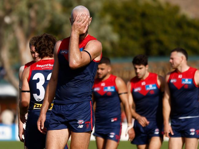 ALICE SPRINGS, AUSTRALIA – JUNE 02: Max Gawn of the Demons looks dejected after a loss during the 2024 AFL Round 12 match between the Melbourne Demons and the Fremantle Dockers at TIO Traeger Park on June 02, 2024 in Alice Springs, Australia. (Photo by Michael Willson/AFL Photos via Getty Images)