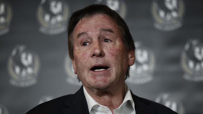 MELBOURNE, AUSTRALIA - JULY 31: Collingwood President Jeff Browne speaks to the media during a press conference at Glasshouse Event Space on July 31, 2024 in Melbourne, Australia. (Photo by Daniel Pockett/Getty Images)