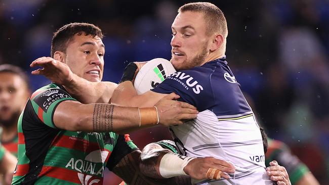 Coen Hess of the Cowboys is tackled during the round 17 NRL match between the South Sydney Rabbitohs and the North Queensland Cowboys at McDonald Jones Stadium, on July 09, 2021, in Newcastle, Australia. (Photo by Mark Kolbe/Getty Images)