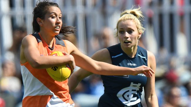 The 2017 success of women like Rebecca Beeson in the AFLW has sparked huge interest in Aussie rules in NSW and the ACT. Picture: AAP