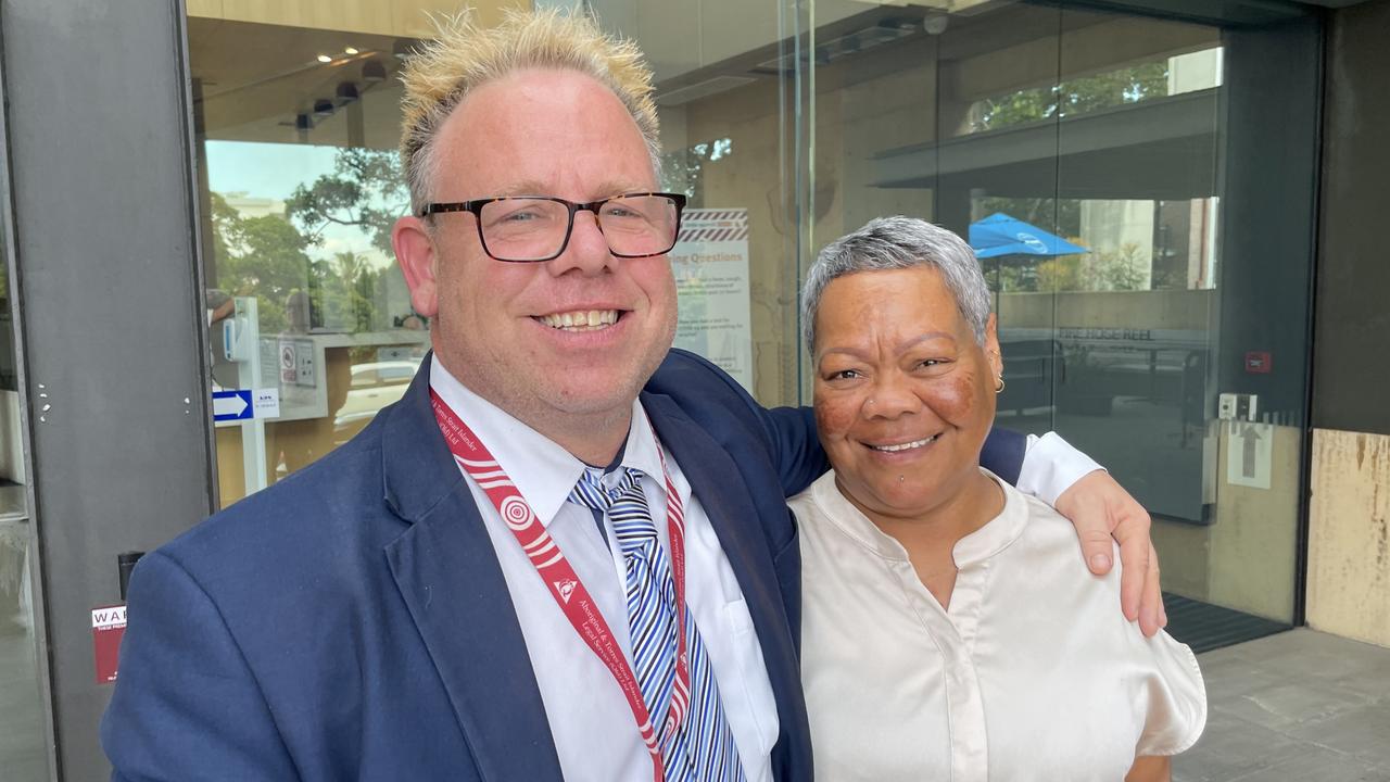 ATSILS lawyer Paddy O'Donnell (left) with Rhonda Sandow (right), celebrating ex-NRL star Chris Sandow's successful bail application on December 22, 2022. Picture: Nicola McNamara