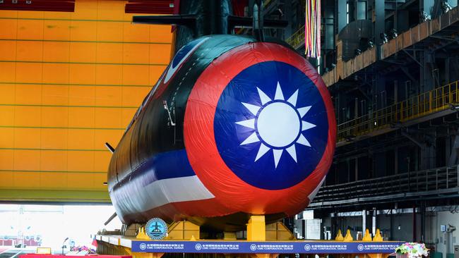 Taiwan's first locally built submarine at the CSBC shipyard in Kaohsiung on Thursday. Picture: AFP