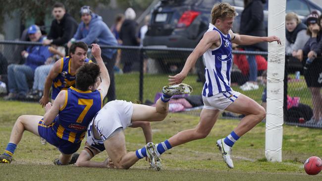 MPNFL: Blake Pullen toes home a goal for Langwarrin. Picture: Valeriu Campan